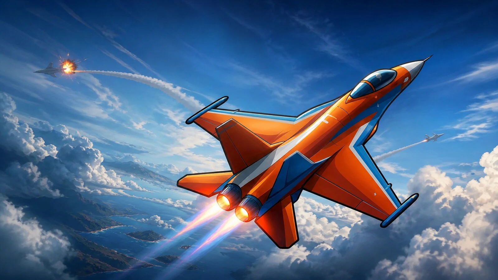 Air Battle promotional artwork: an orange fighter jet above the clouds
